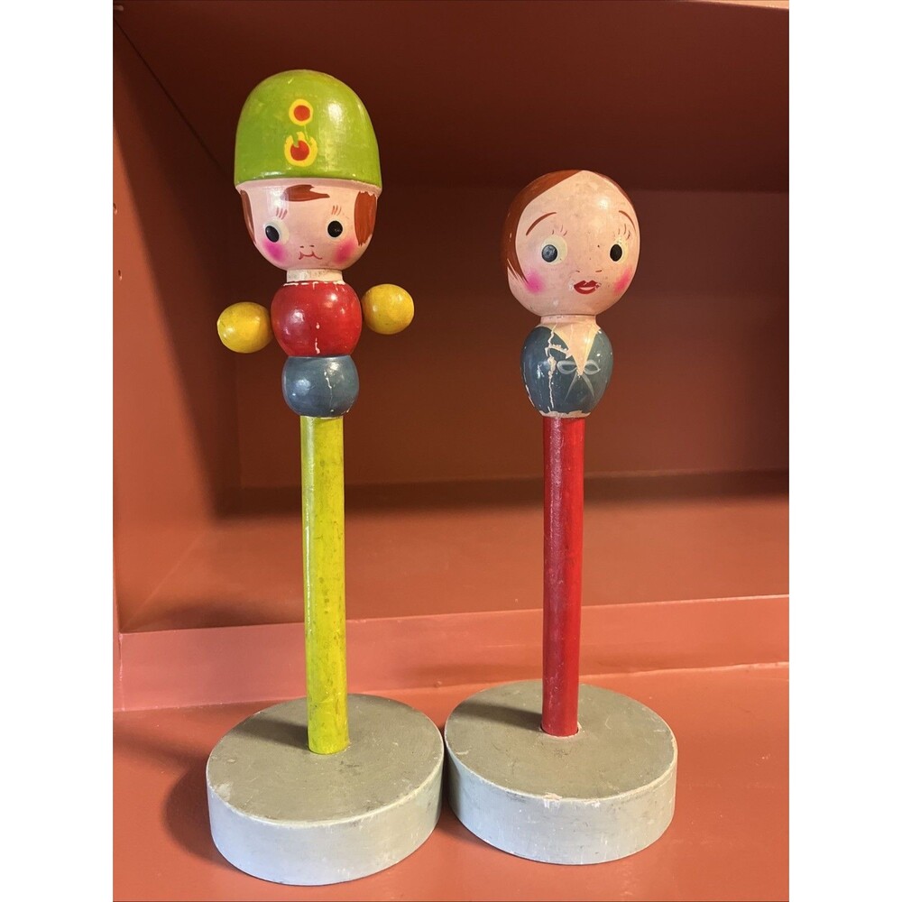 Vintage Hand Painted Wooden Figural Head Soldier Lady Hat Stand Pair Japan